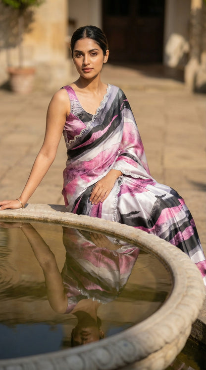 Woman in a Pink satin saree with abstract print and scalloped silver border, sitting by a water fountain.