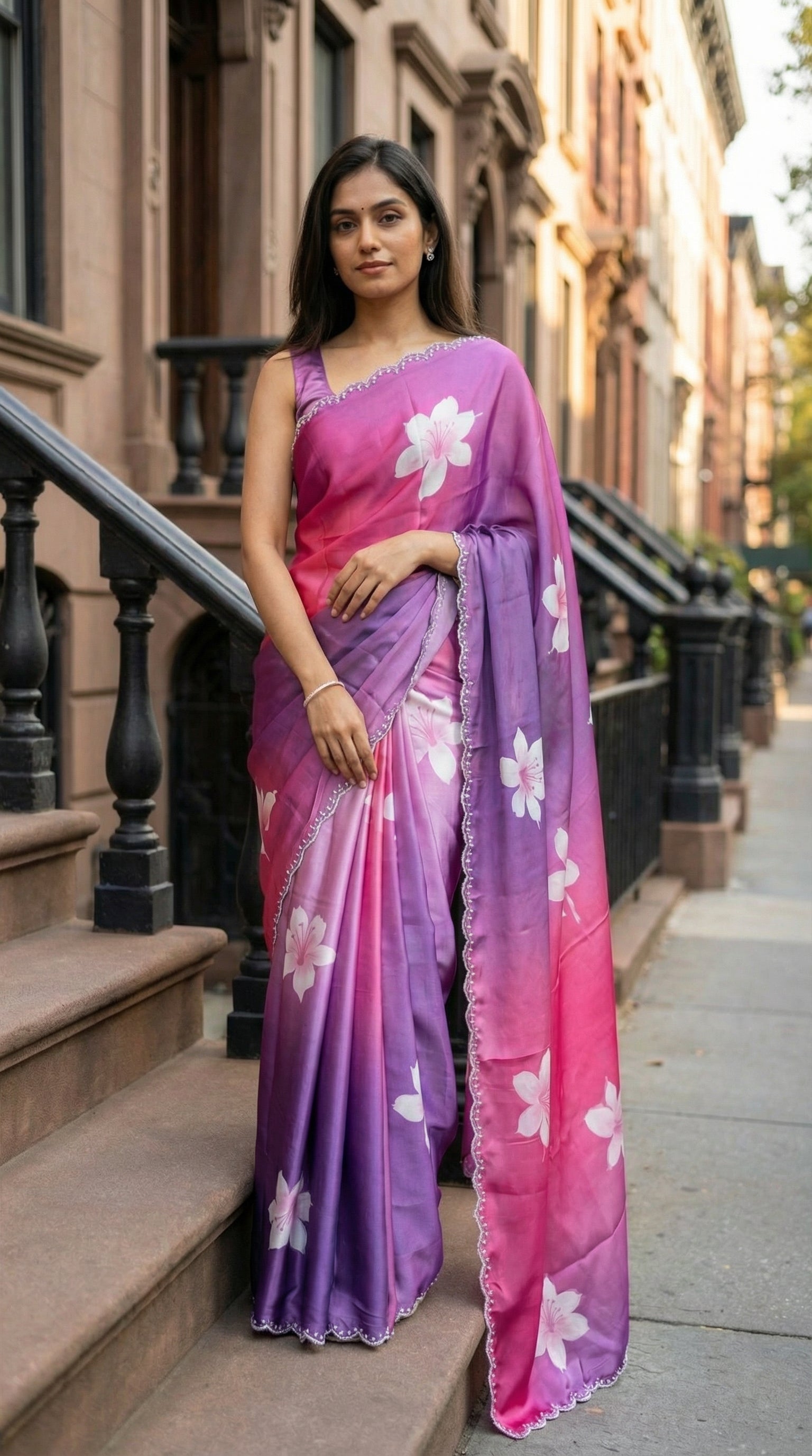Woman in a Pink to purple gradient satin saree featuring white floral prints and delicate Zari border, standing on a city street.