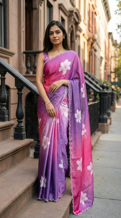 Woman in a Pink to purple gradient satin saree featuring white floral prints and delicate Zari border, standing on a city street.