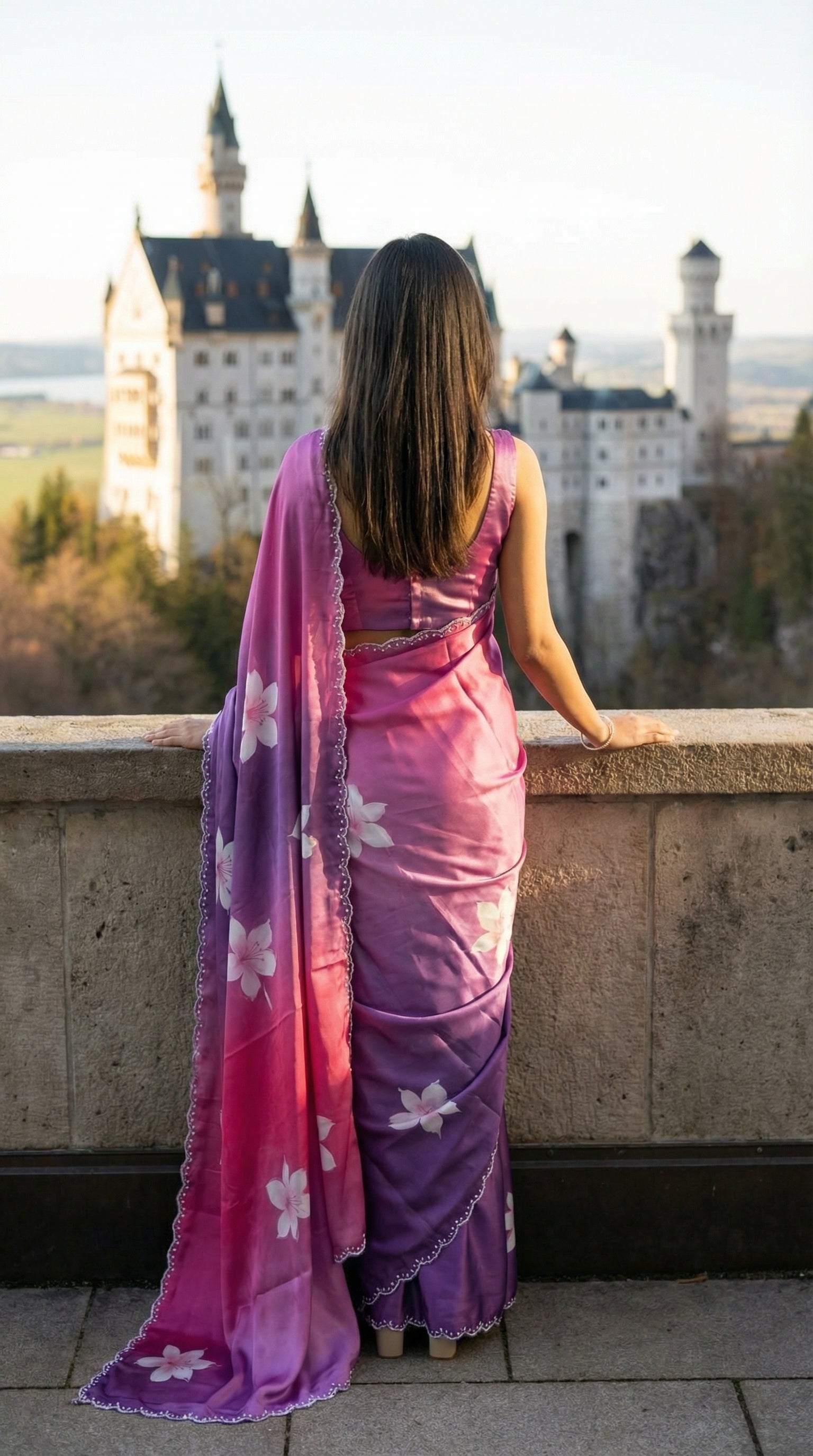 Woman in a Pink to purple gradient satin saree featuring white floral prints and delicate Zari border, standing on a balcony with a castle in the background.
