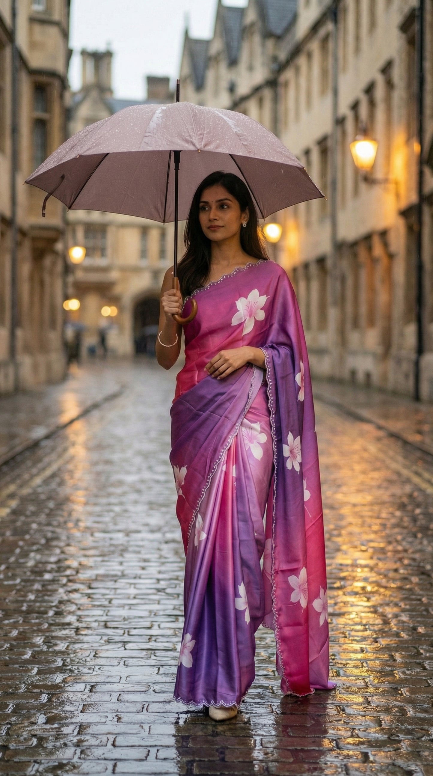 Woman in a Pink to purple gradient satin saree featuring white floral prints and delicate Zari border, holding an umbrella on a cobbled street.