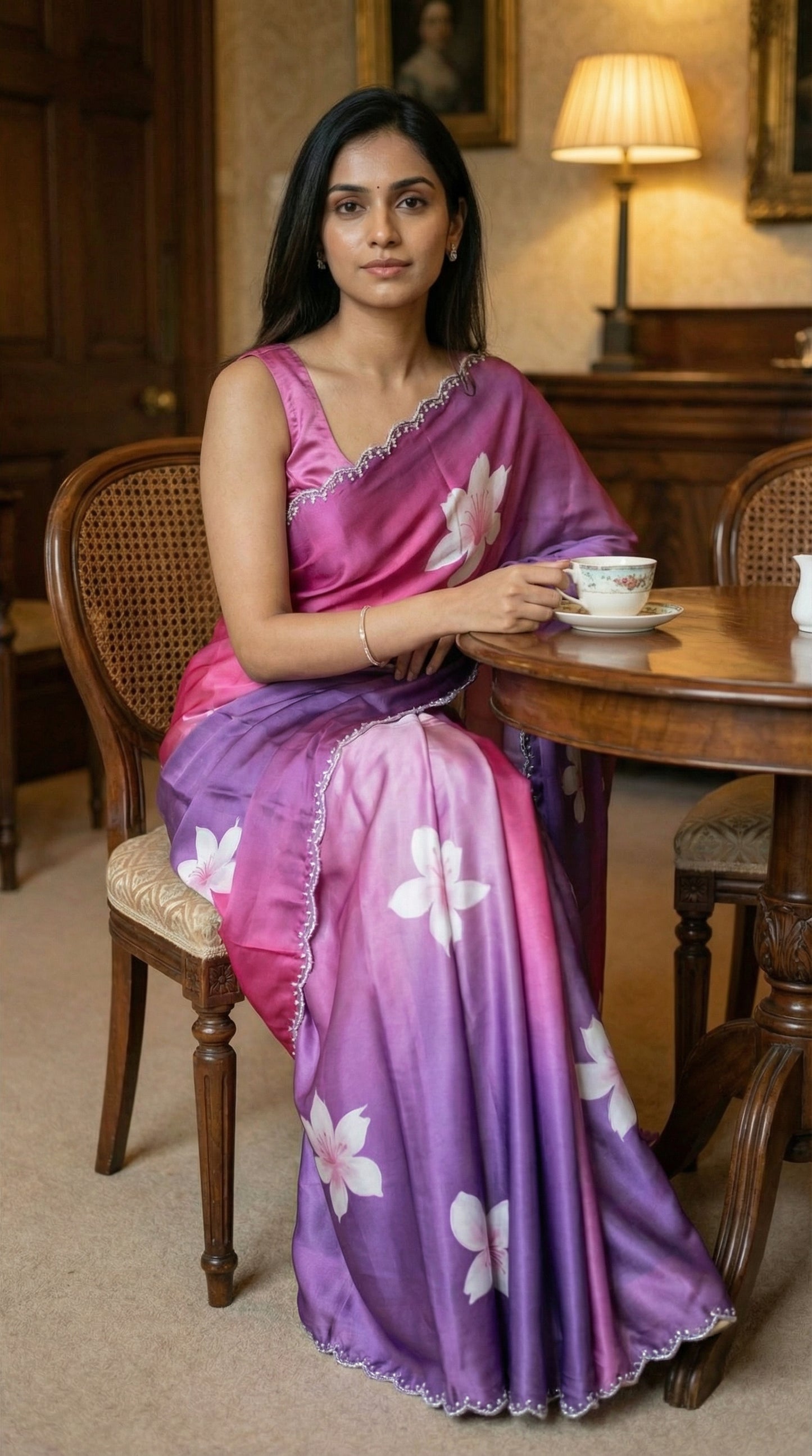Woman in a Pink to purple gradient satin saree featuring white floral prints and delicate Zari border, sitting at a table with a cup of tea.
