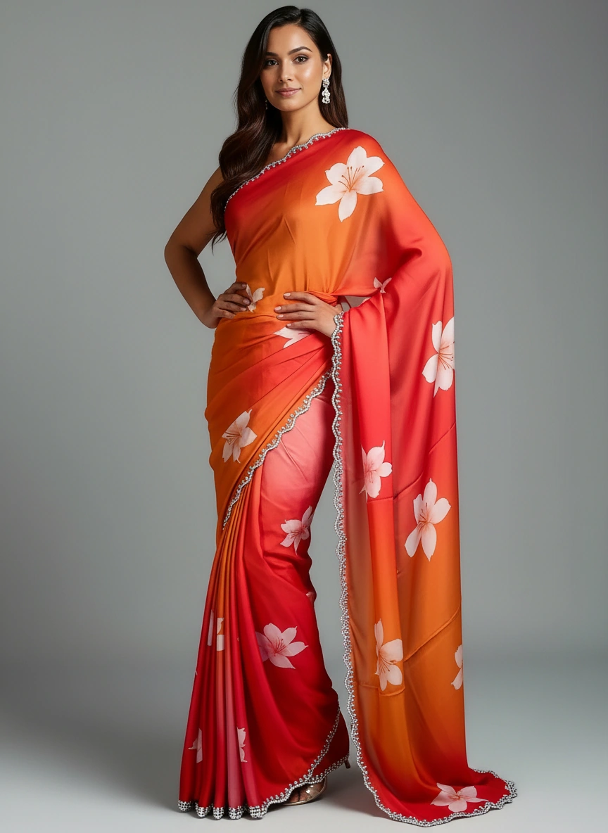 Woman wearing a red to orange gradient satin saree with white floral motifs and light Zari border, elegant festive wear with floral patterns on a gray background.
