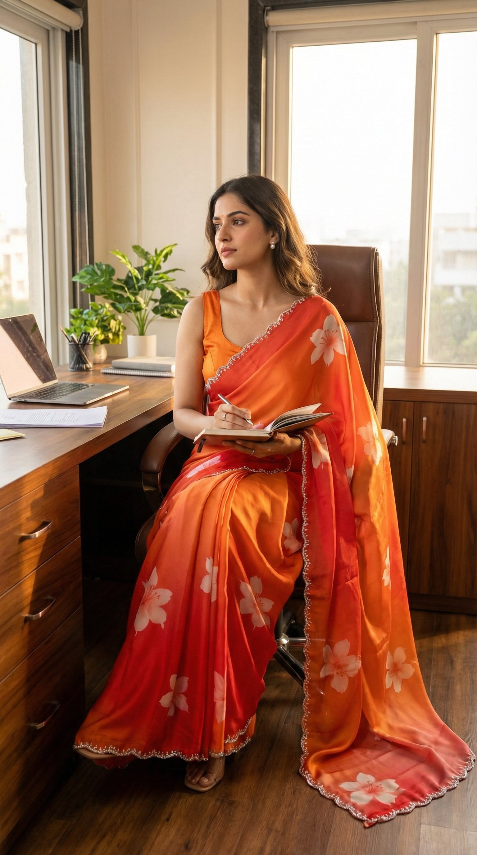 Woman wearing a red to orange gradient satin saree with white floral motifs and light Zari border, sitting at a desk with a laptop and books.