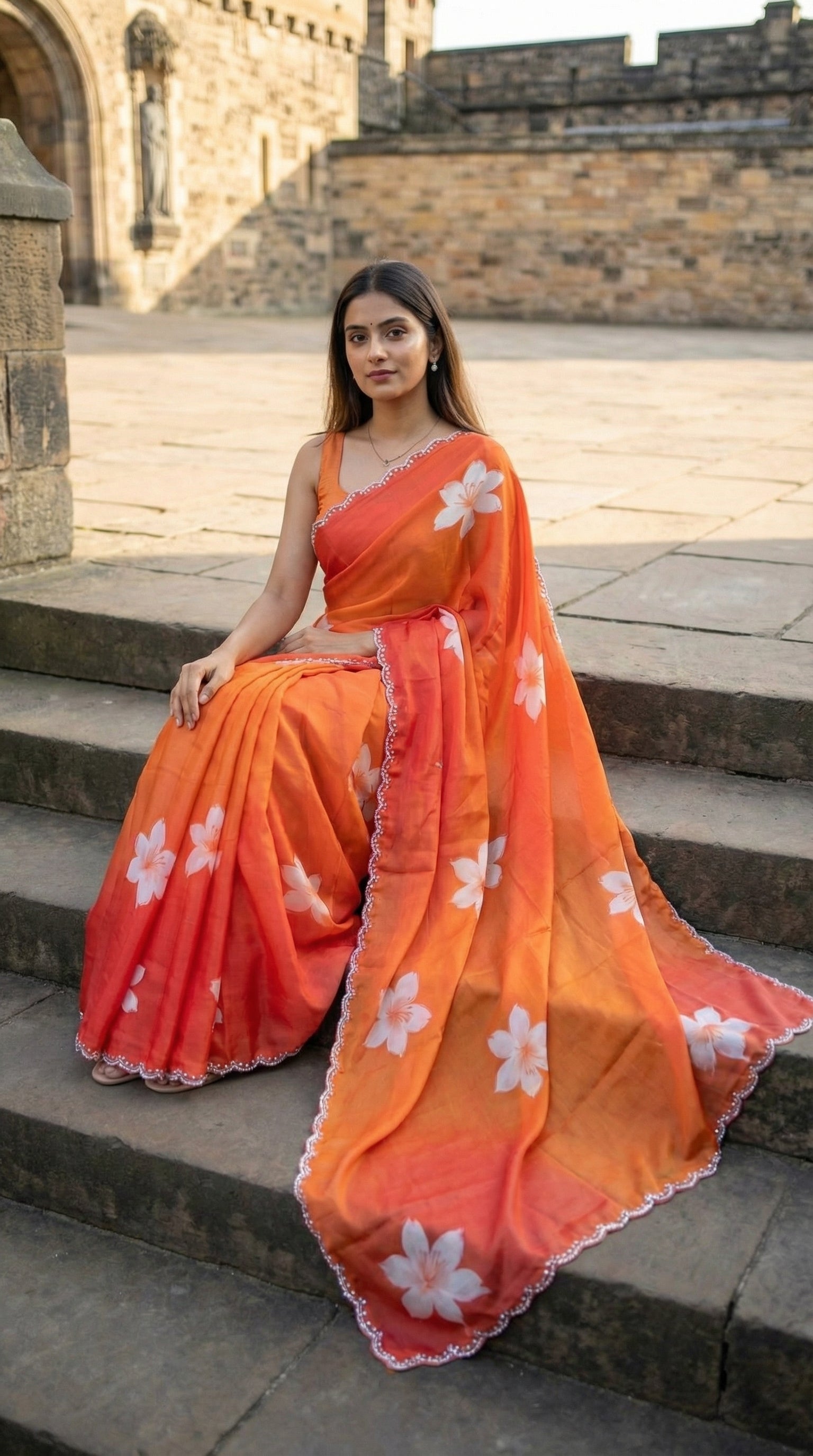 Woman wearing a red to orange gradient satin saree with white floral motifs and light Zari border, sitting on stone steps.