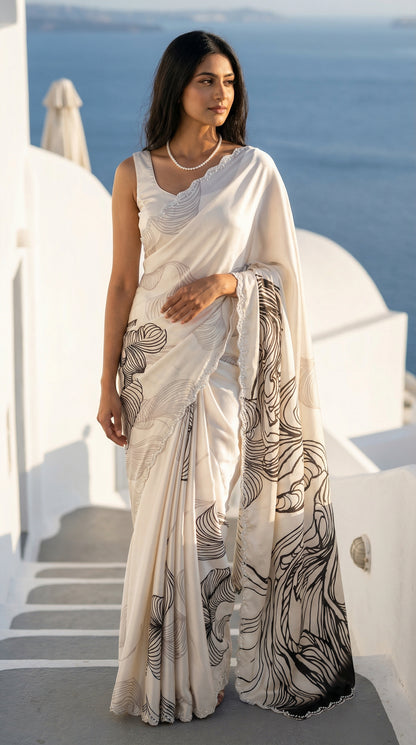 Woman in a White satin saree with black abstract design and silver motif border, standing on a steps in a scenic location.