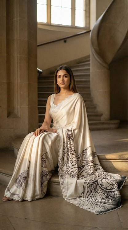 Woman in a White satin saree with black abstract design and silver motif border, sitting on a staircase in a historic building.
