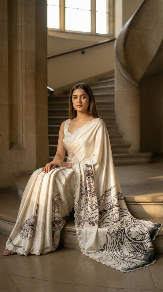 Woman in a White satin saree with black abstract design and silver motif border, sitting on a staircase in a historic building.