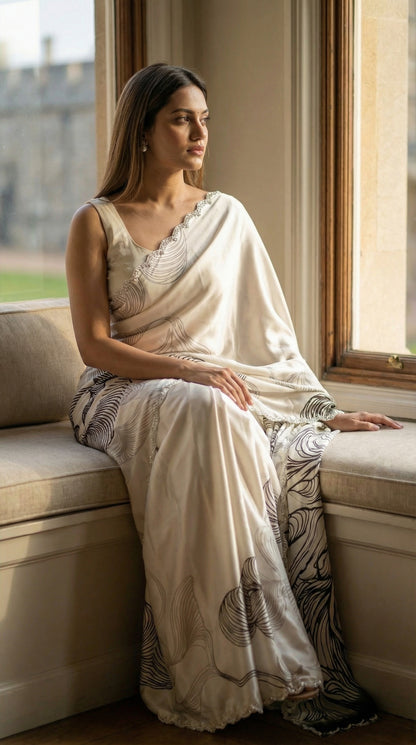 Woman in a White satin saree with black abstract design and silver motif border, sitting on a window seat with a blurred background.