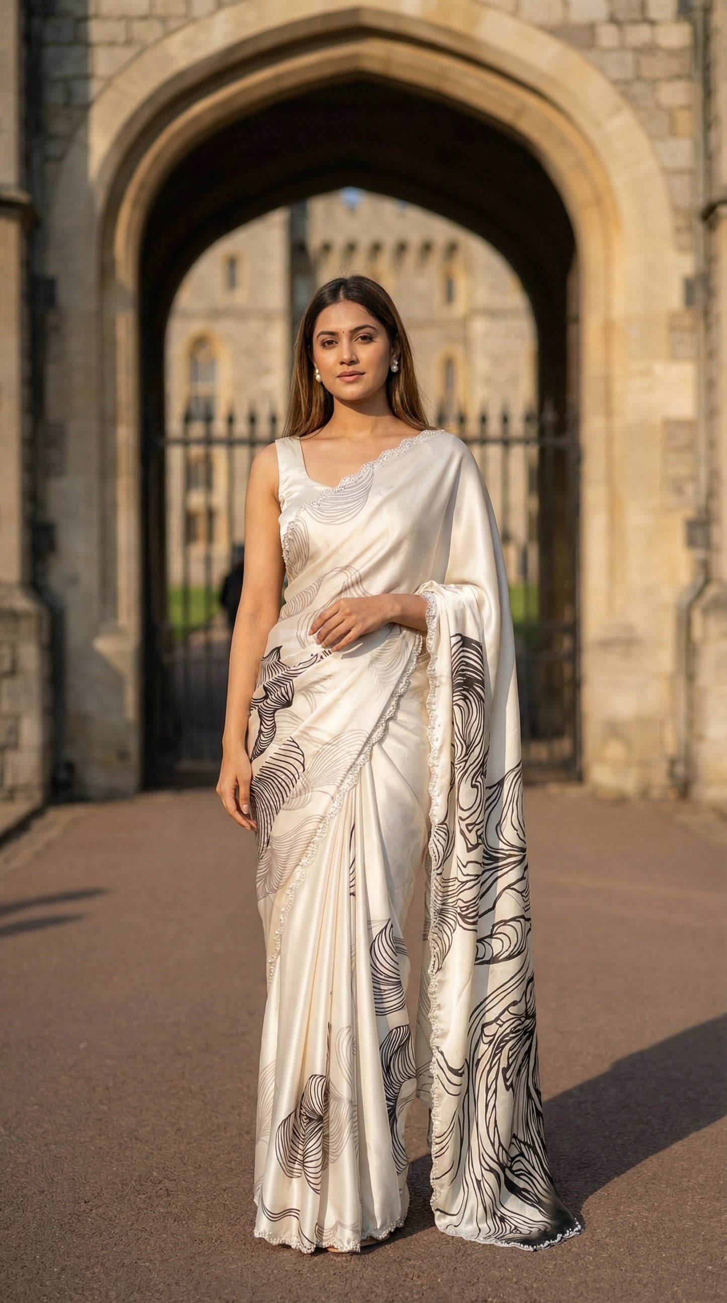 Woman in a White satin saree with black abstract design and silver motif border, standing in front of an archway.