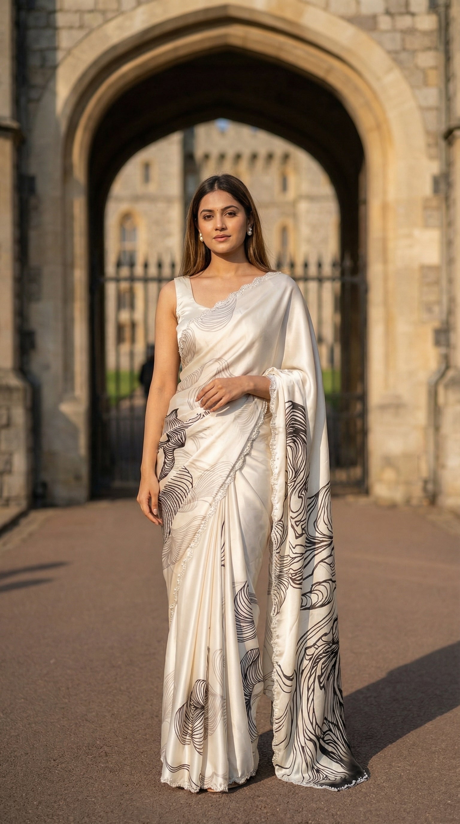 Woman in a White satin saree with black abstract design and silver motif border, standing in front of an archway.