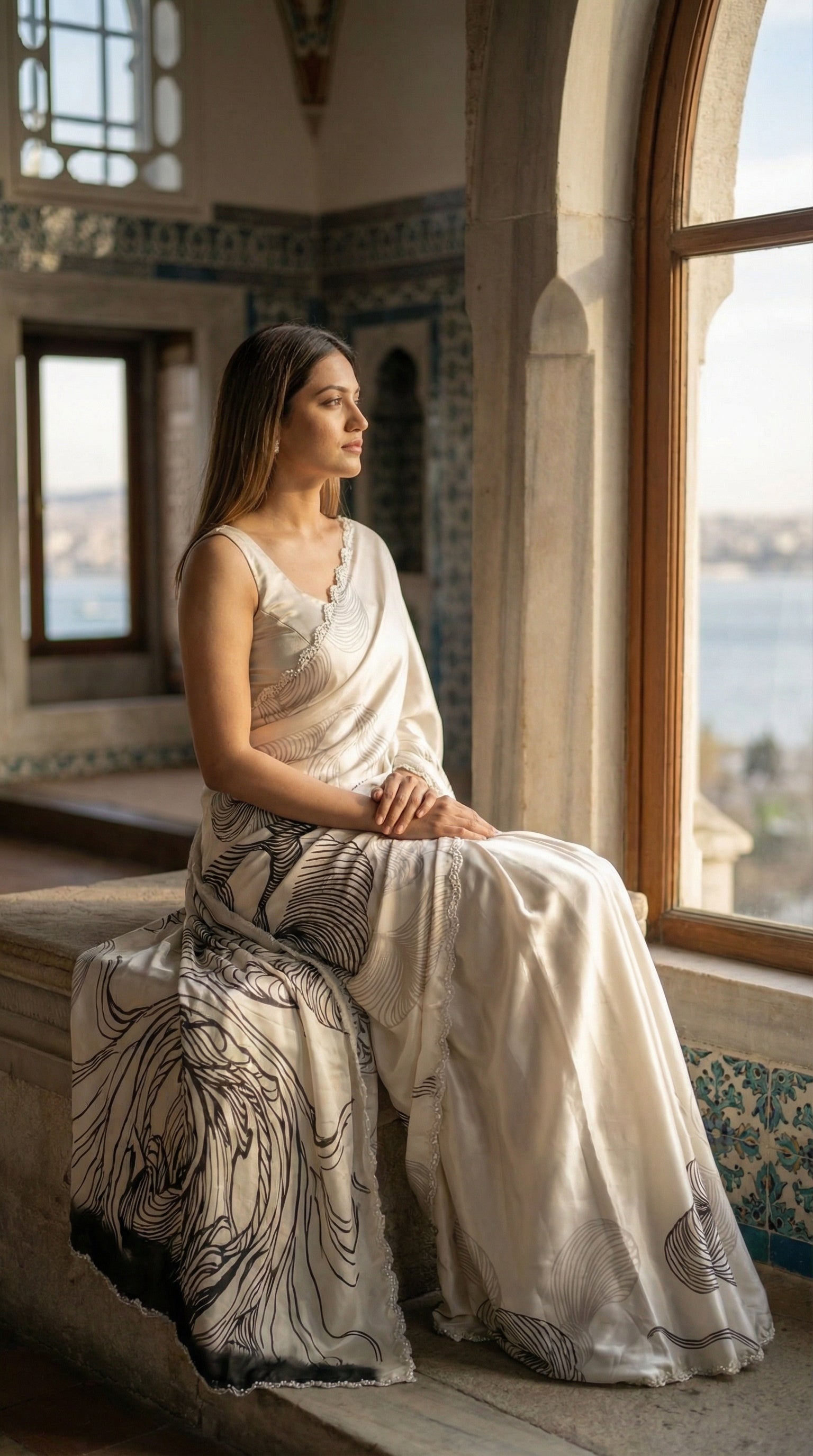 Woman in a White satin saree with black abstract design and silver motif border, sitting by a large window with a scenic view.