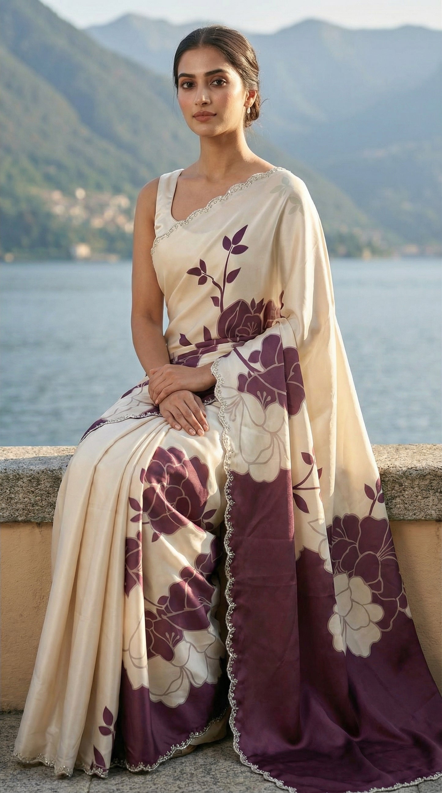 Woman in a Wine red satin saree with large floral patterns and scalloped border, sitting by a scenic lakeside with mountains in the background.