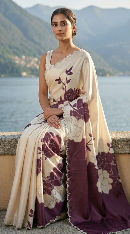 Woman in a Wine red satin saree with large floral patterns and scalloped border, sitting by a scenic lakeside with mountains in the background.