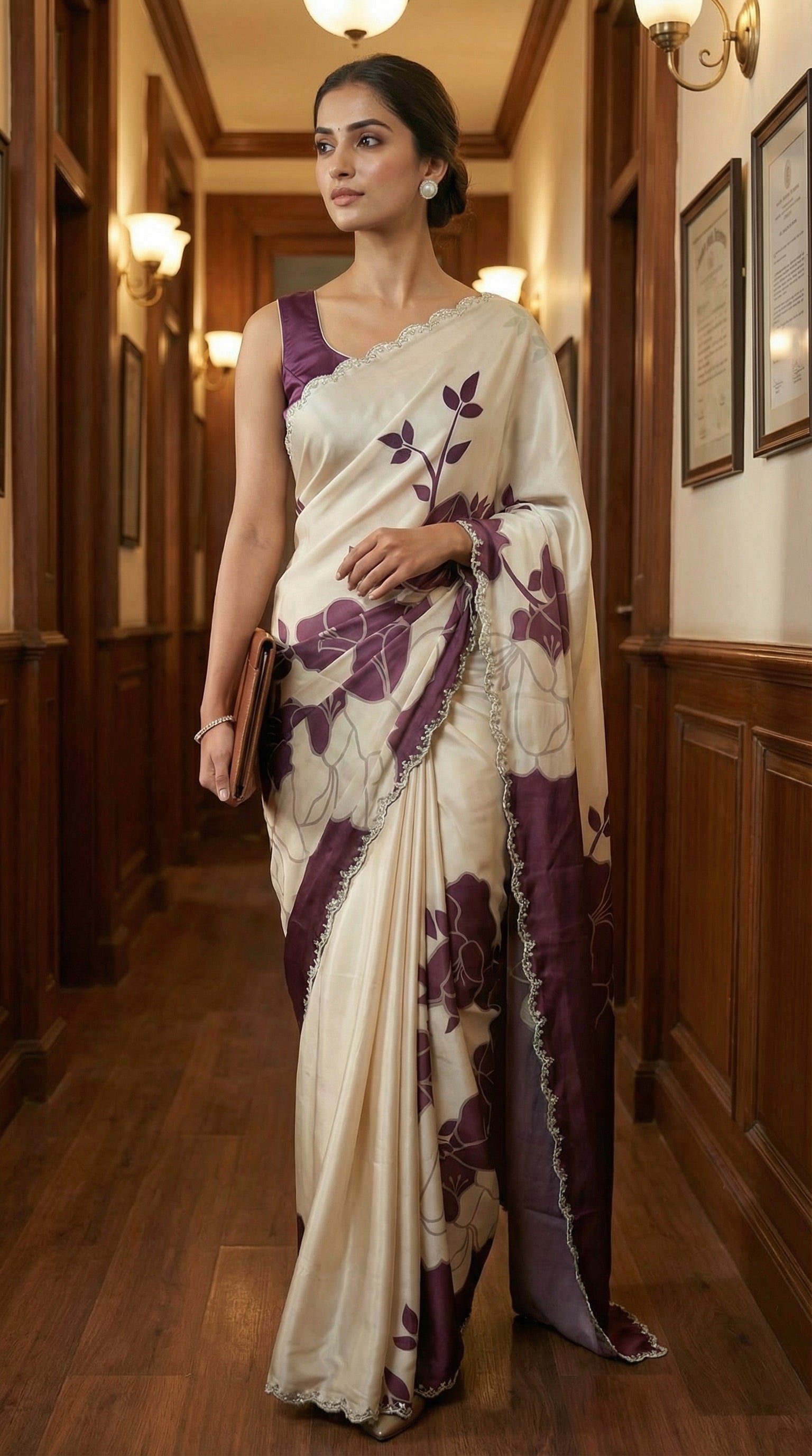 Woman in a Wine red satin saree with large floral patterns and scalloped border, standing in an elegant hallway.