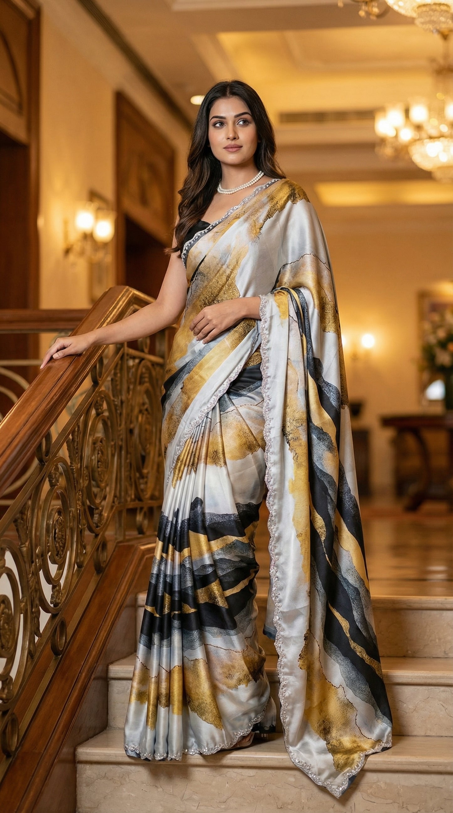 Woman in a Yellow satin saree with abstract print and scalloped silver border, standing on a staircase in an elegant interior setting.