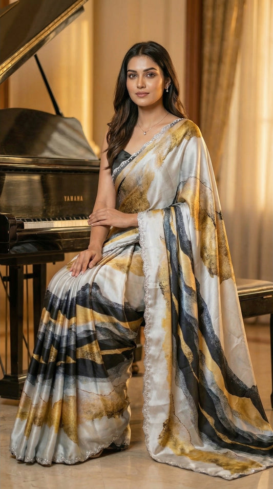 Woman in a Yellow satin saree with abstract print and scalloped silver border, sitting next to a piano in a warm-lit room.