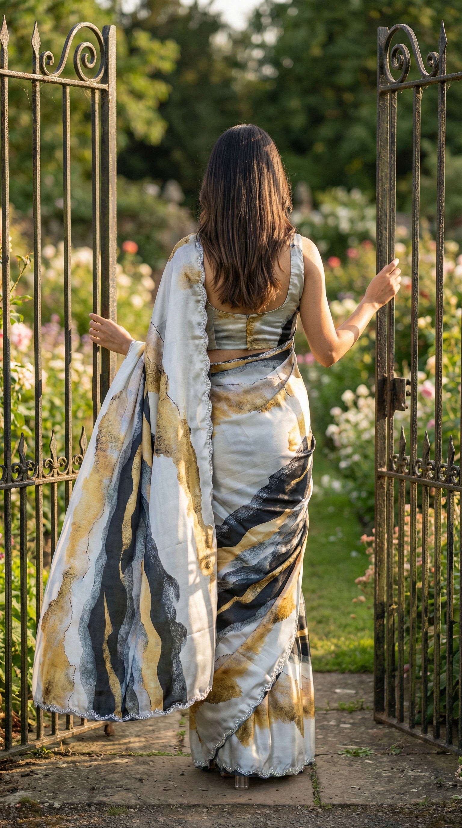 Woman in a Yellow satin saree with abstract print and scalloped silver border, standing in front of an ornate gate with a garden in the background.