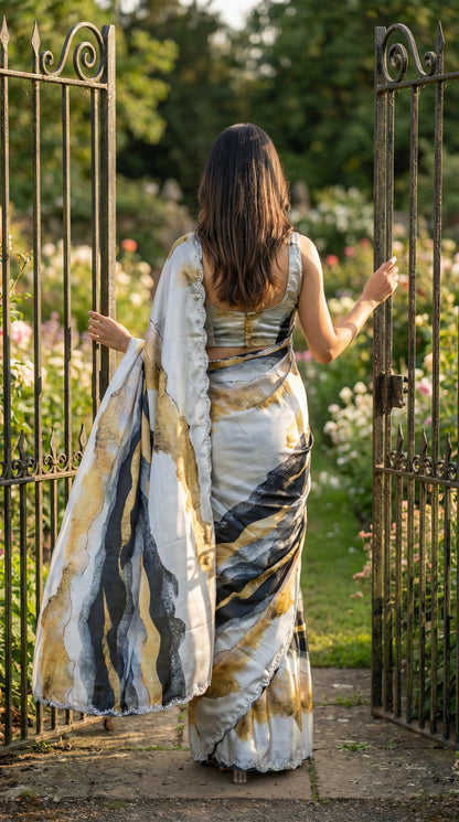 Woman in a Yellow satin saree with abstract print and scalloped silver border, standing in front of an ornate gate with a garden in the background.