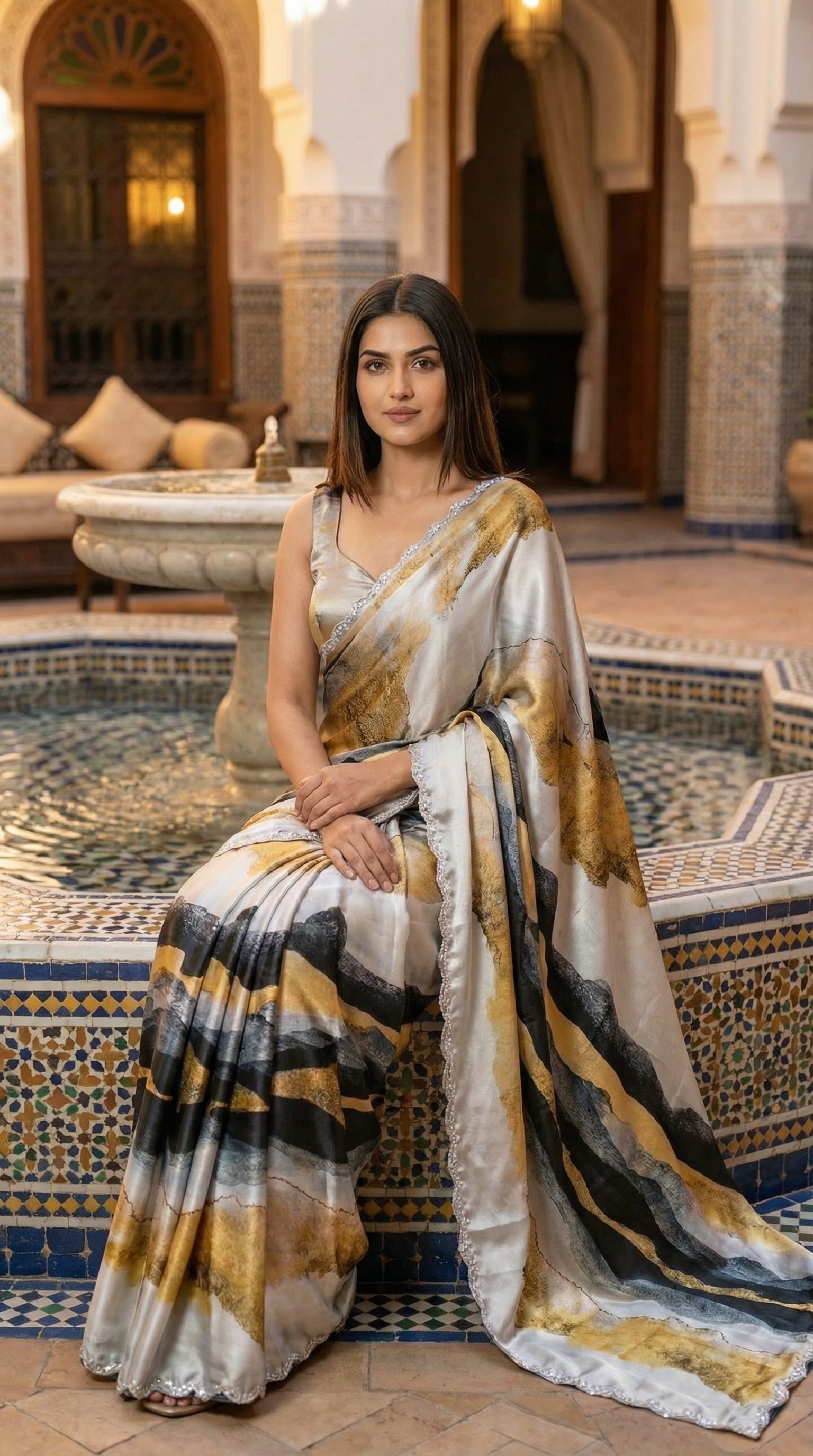 Woman in a Yellow satin saree with abstract print and scalloped silver border, sitting on a mosaic floor with ornate architecture in the background.
