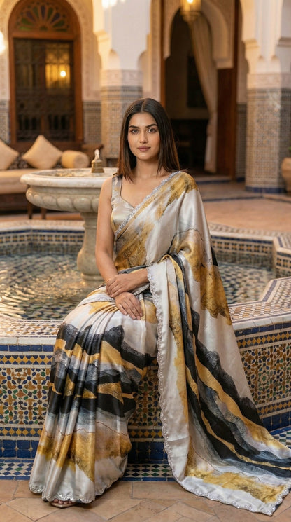 Woman in a Yellow satin saree with abstract print and scalloped silver border, sitting on a mosaic floor with ornate architecture in the background.