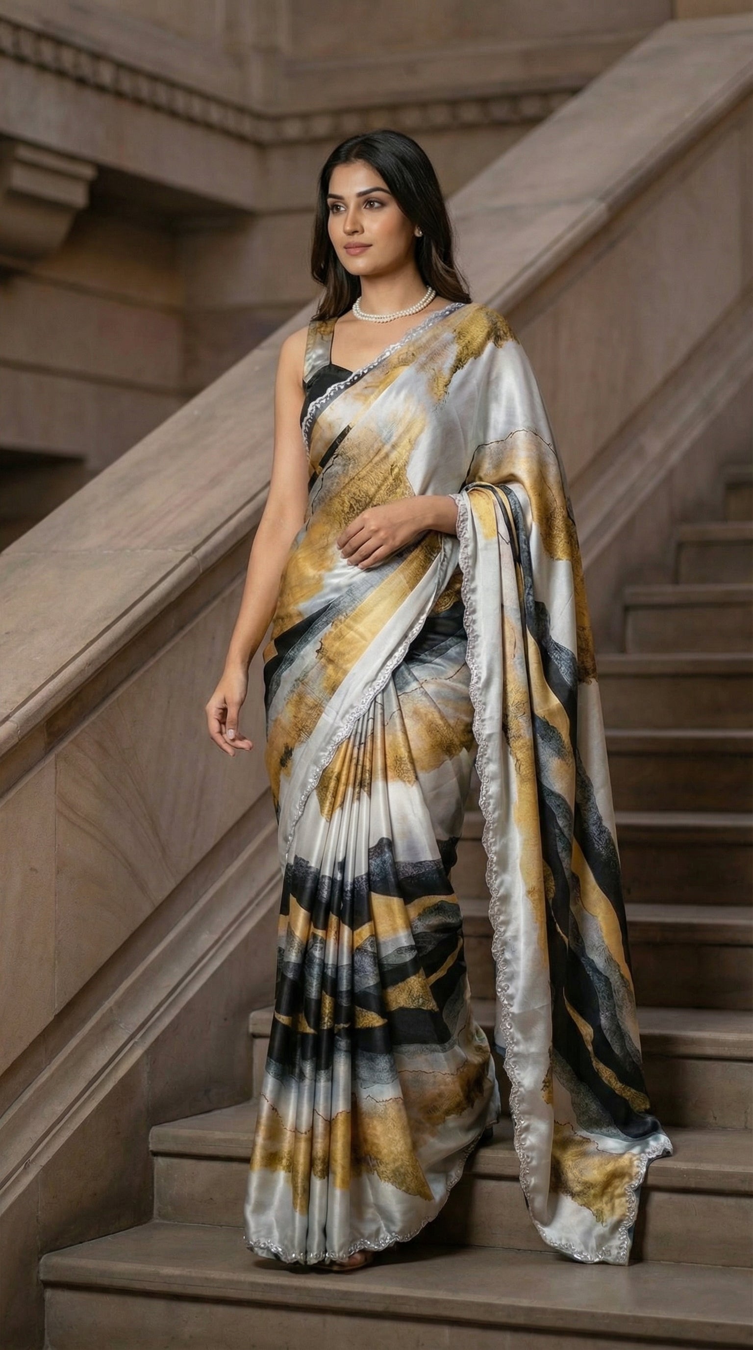 Woman in a Yellow satin saree with abstract print and scalloped silver border, standing on a staircase.