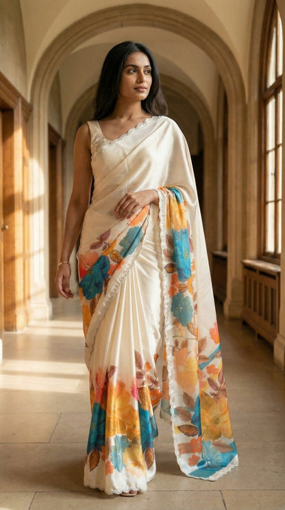Woman wearing a Cream satin chiffon saree with blue floral print and silver scalloped border, in an elegant indoor setting