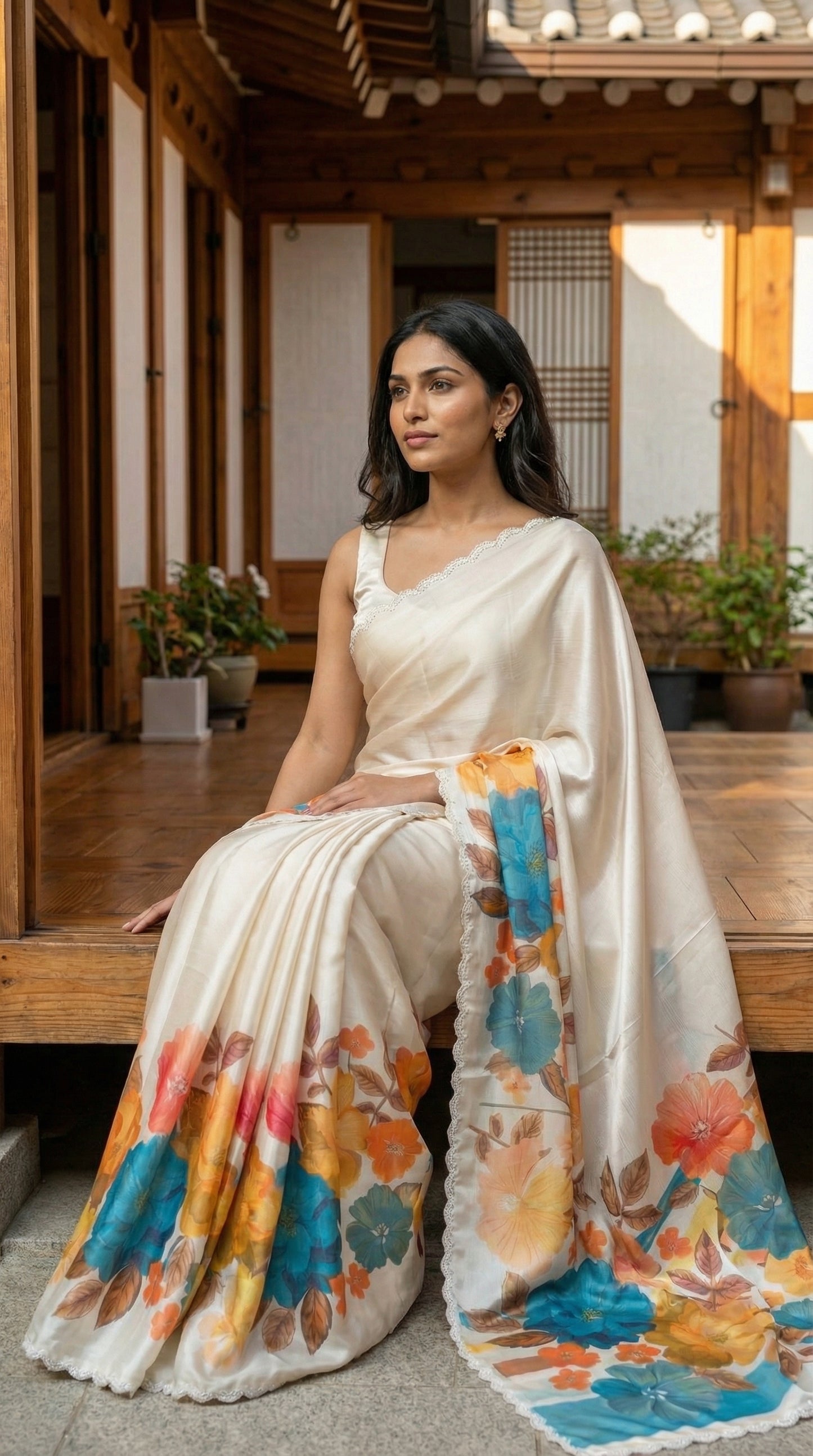Woman wearing a Cream satin chiffon saree with blue floral print and silver scalloped border, sitting on a wooden bench.