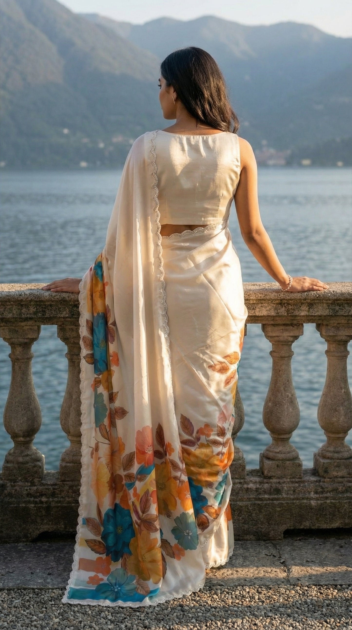 Woman wearing a Cream satin chiffon saree with blue floral print and silver scalloped border, standing by a railing overlooking a lake with mountains in the background.