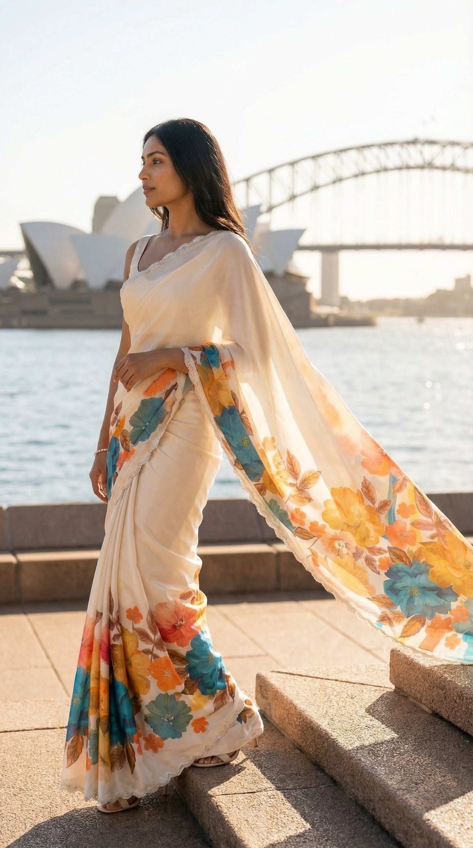 Woman wearing a Cream satin chiffon saree with blue floral print and silver scalloped border, standing by a waterfront with a bridge in the background.