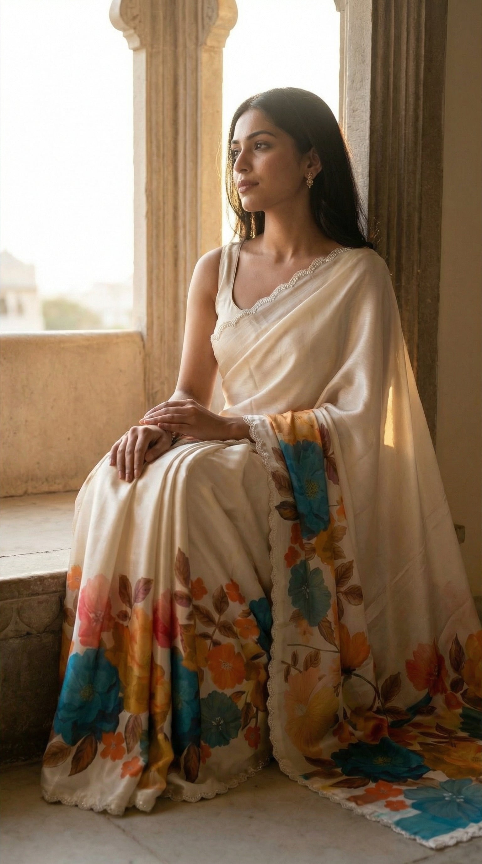 Woman wearing a Cream satin chiffon saree with blue floral print and silver scalloped border, with colorful patterns sitting by a window.