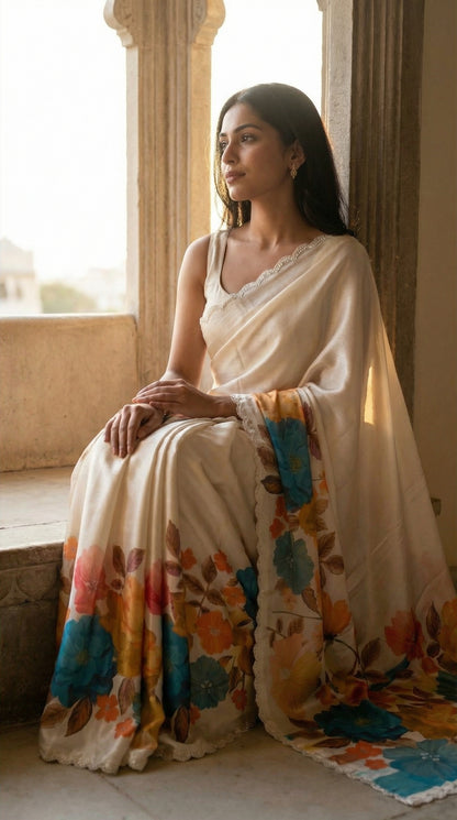 Woman wearing a Cream satin chiffon saree with blue floral print and silver scalloped border, with colorful patterns sitting by a window.
