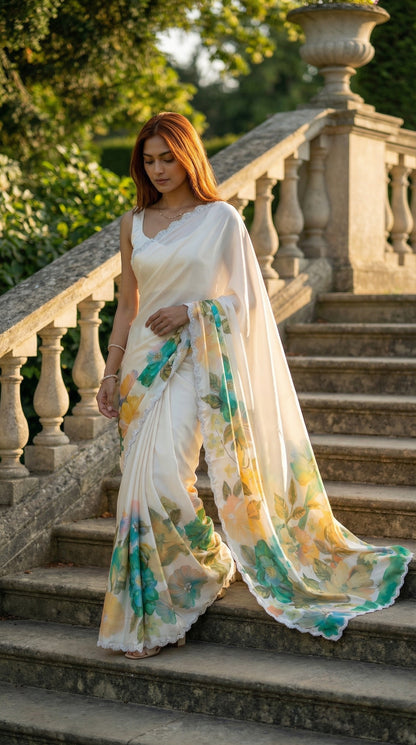 Woman wearing a Cream satin chiffon saree with green floral print and silver scalloped border, standing on stone steps with greenery in the background.