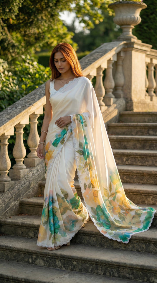 Woman wearing a Cream satin chiffon saree with green floral print and silver scalloped border, standing on stone steps with greenery in the background.