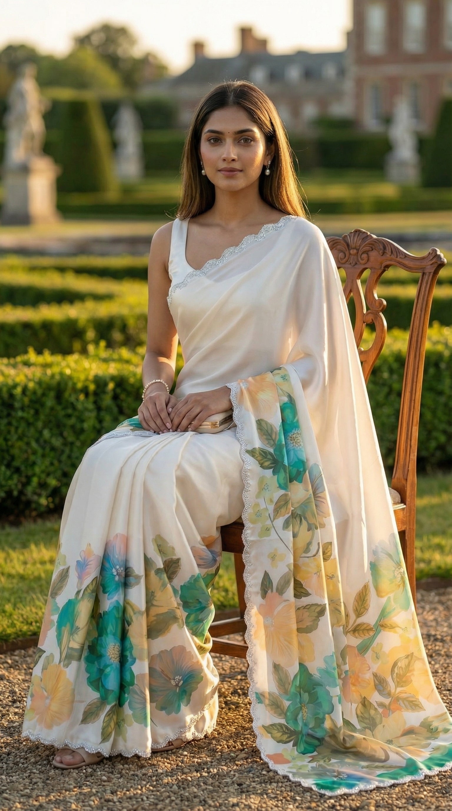 Woman wearing a Cream satin chiffon saree with green floral print and silver scalloped border, sitting outdoors in a garden.