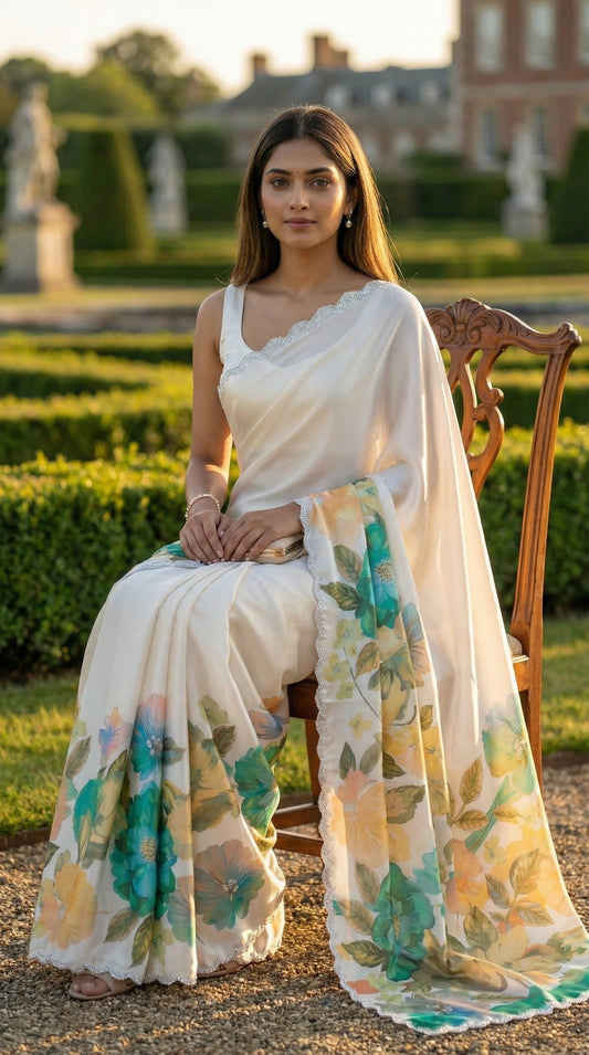 Woman wearing a Cream satin chiffon saree with green floral print and silver scalloped border, sitting outdoors in a garden.