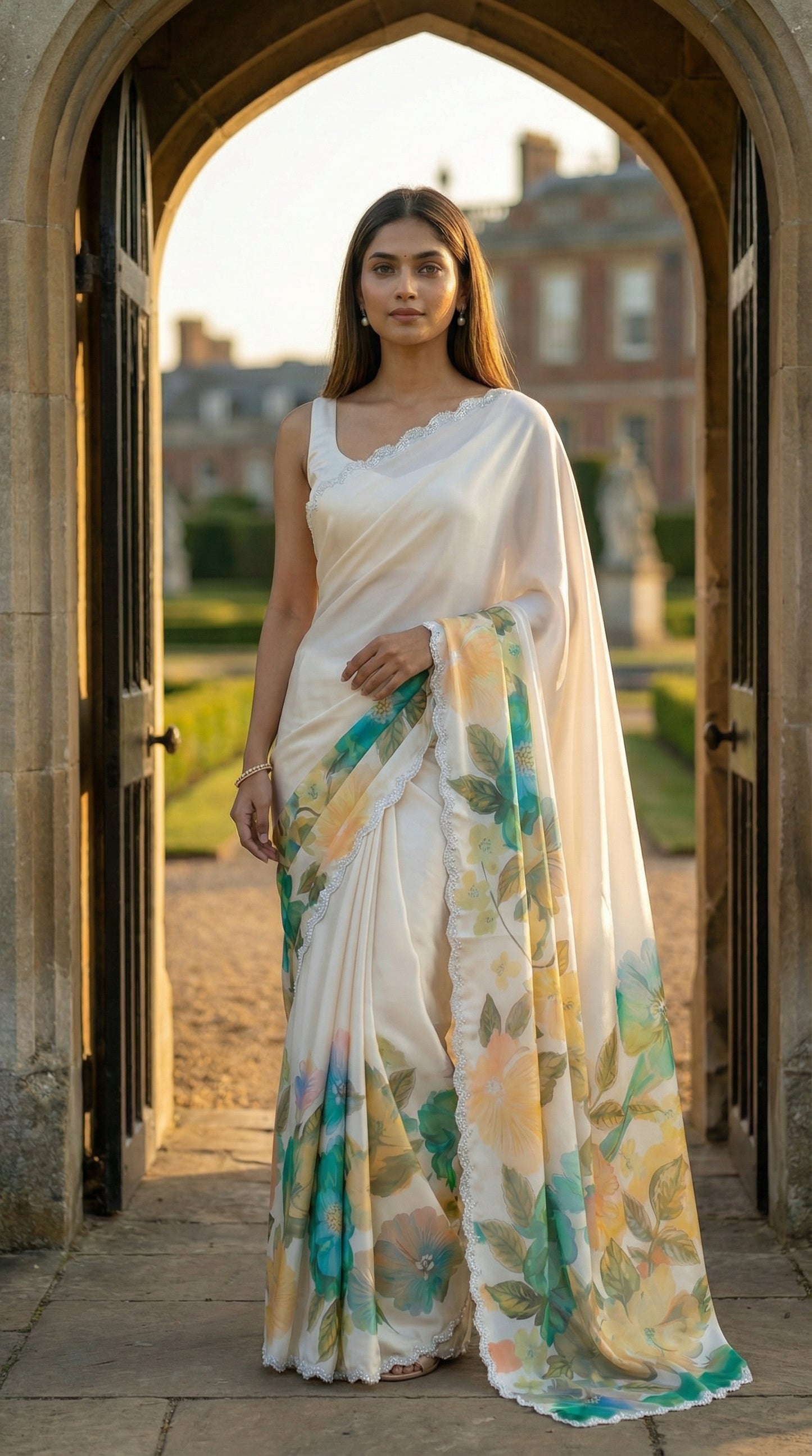 Woman wearing a Cream satin chiffon saree with green floral print and silver scalloped border, standing in an archway.