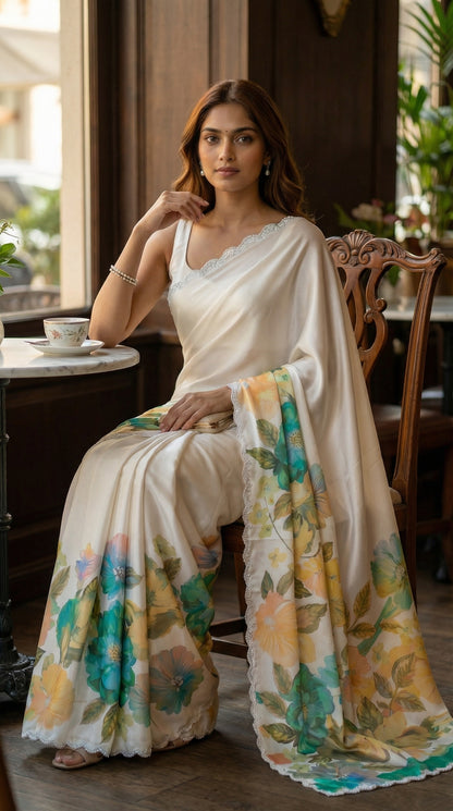 Woman wearing a Cream satin chiffon saree with green floral print and silver scalloped border, sitting in a cafe.