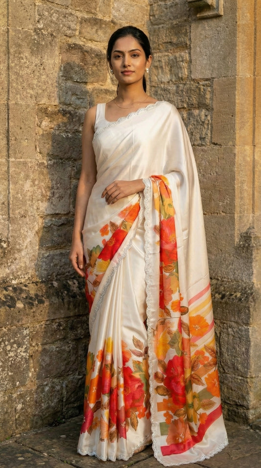 Woman in a Cream satin chiffon saree with orange floral print and silver scalloped border, standing against a stone wall.