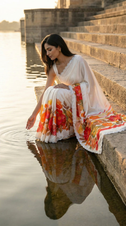 Woman in a Cream satin chiffon saree with orange floral print and silver scalloped border, sitting on stone steps by water.