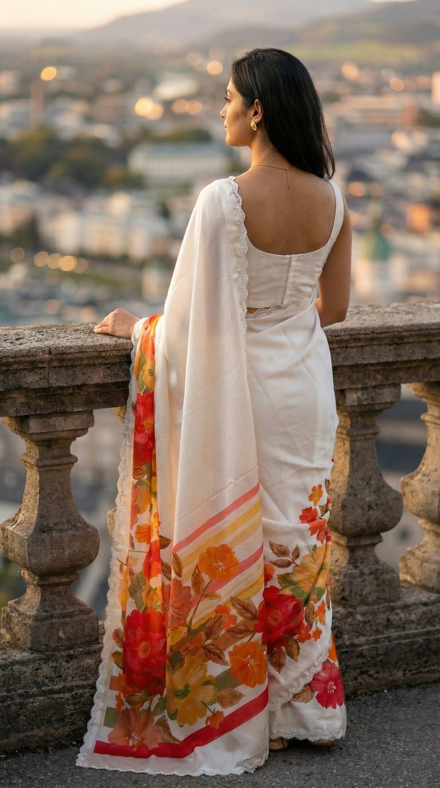 Woman in a Cream satin chiffon saree with orange floral print and silver scalloped border, standing on a balcony overlooking a cityscape.