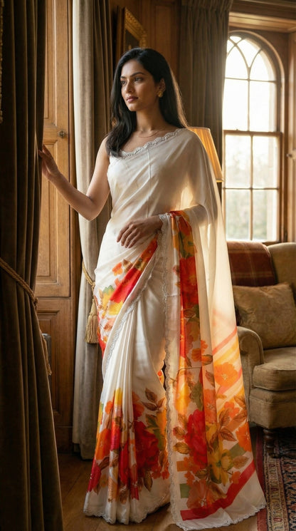 Woman in a Cream satin chiffon saree with orange floral print and silver scalloped border, in a room with wooden furniture and a large window.
