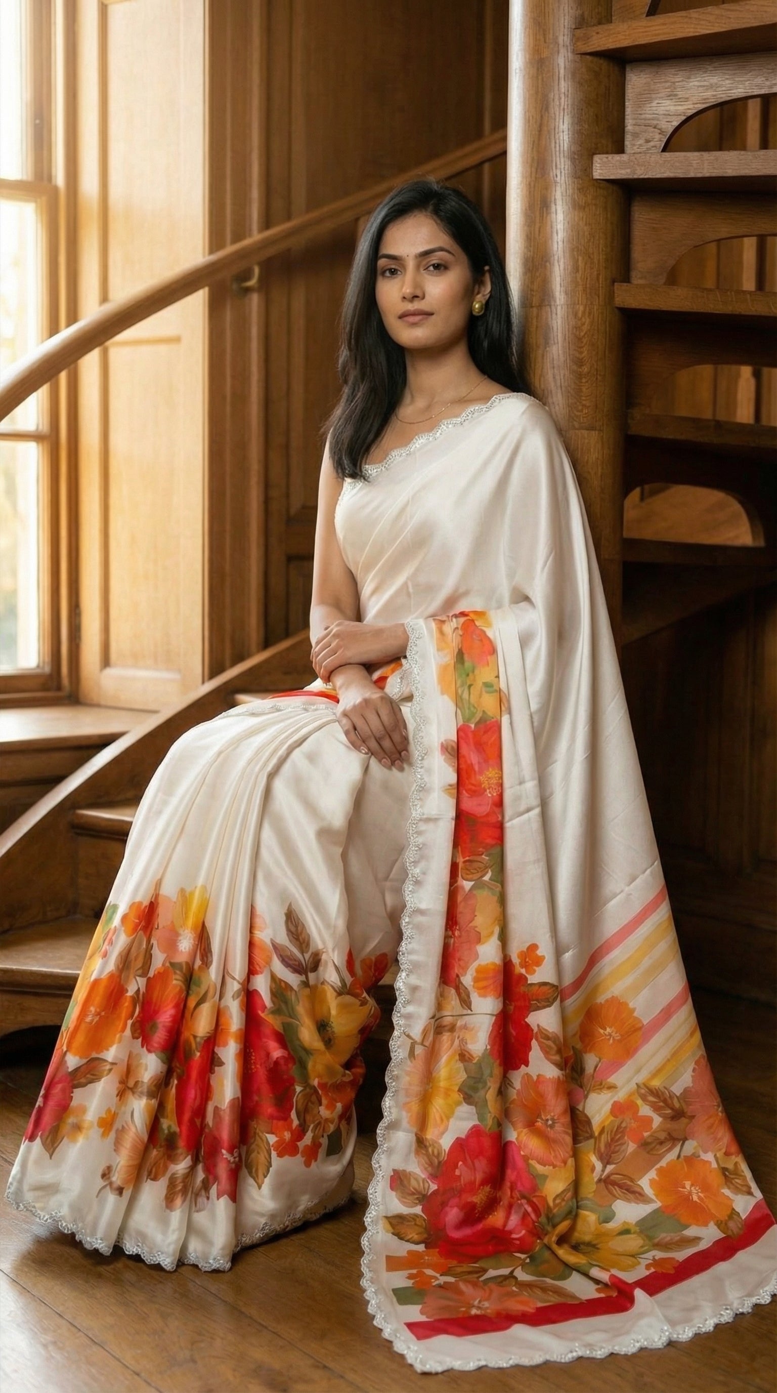 Woman in a Cream satin chiffon saree with orange floral print and silver scalloped border, sitting on a wooden staircase.