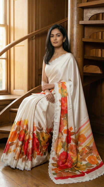 Woman in a Cream satin chiffon saree with orange floral print and silver scalloped border, sitting on a wooden staircase.