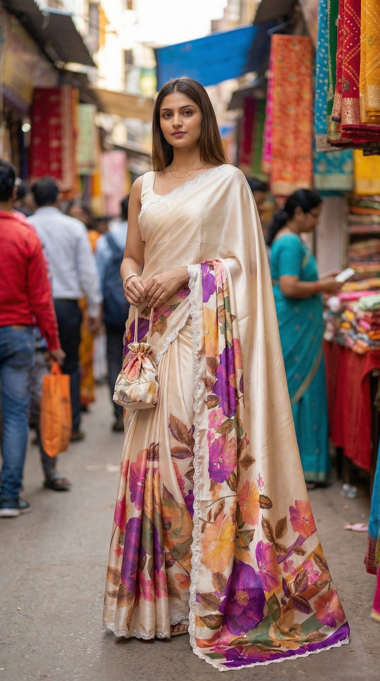 Woman in a Cream satin chiffon saree with purple floral print and silver scalloped border, walking through a busy street market.