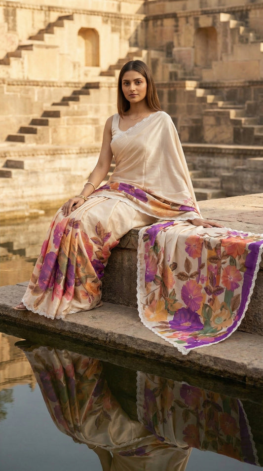 Woman in a Cream satin chiffon saree with purple floral print and silver scalloped border, sitting by a water body with steps in the background.