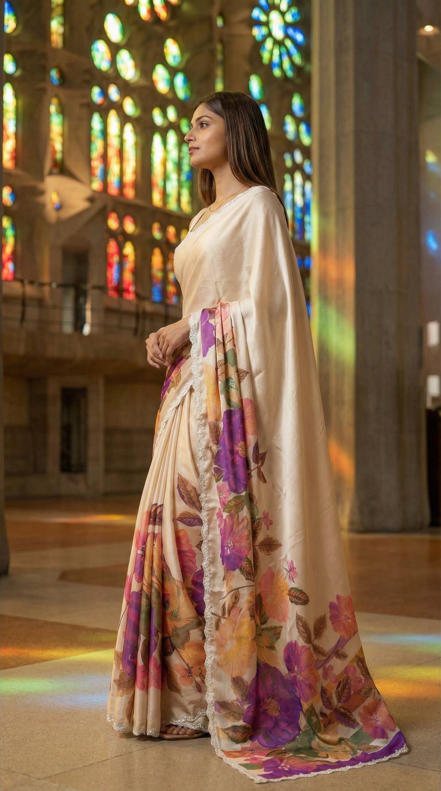 Woman in a Cream satin chiffon saree with purple floral print and silver scalloped border, standing in front of a colorful stained glass window.