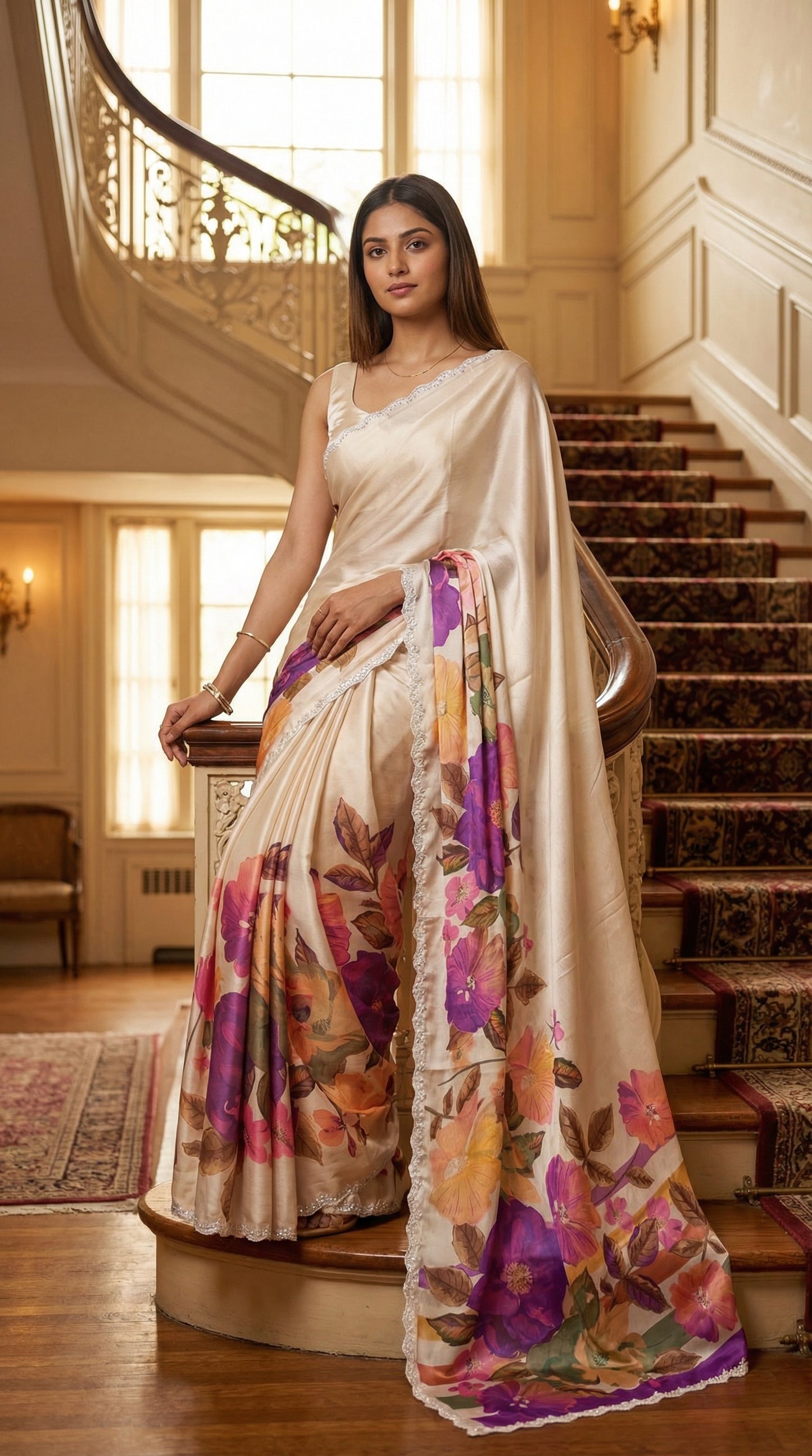 Woman in a Cream satin chiffon saree with purple floral print and silver scalloped border, standing on a staircase in an elegant interior setting