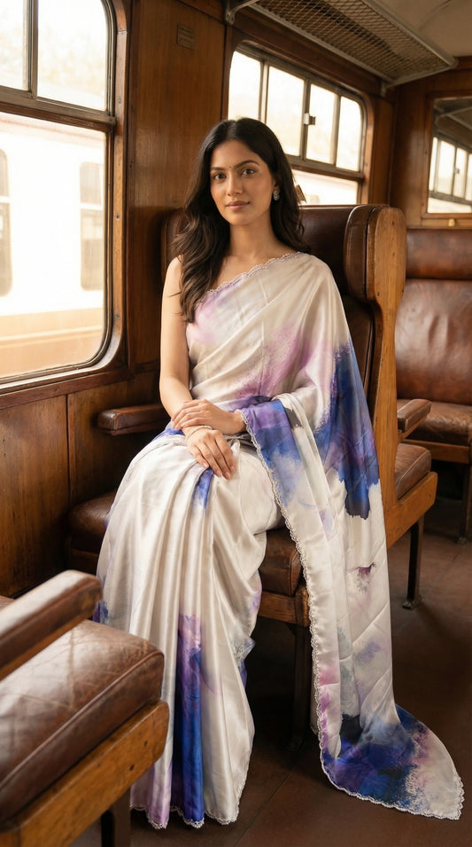 White satin georgette saree with abstract blue brushstroke print and scalloped border, sitting on a train.