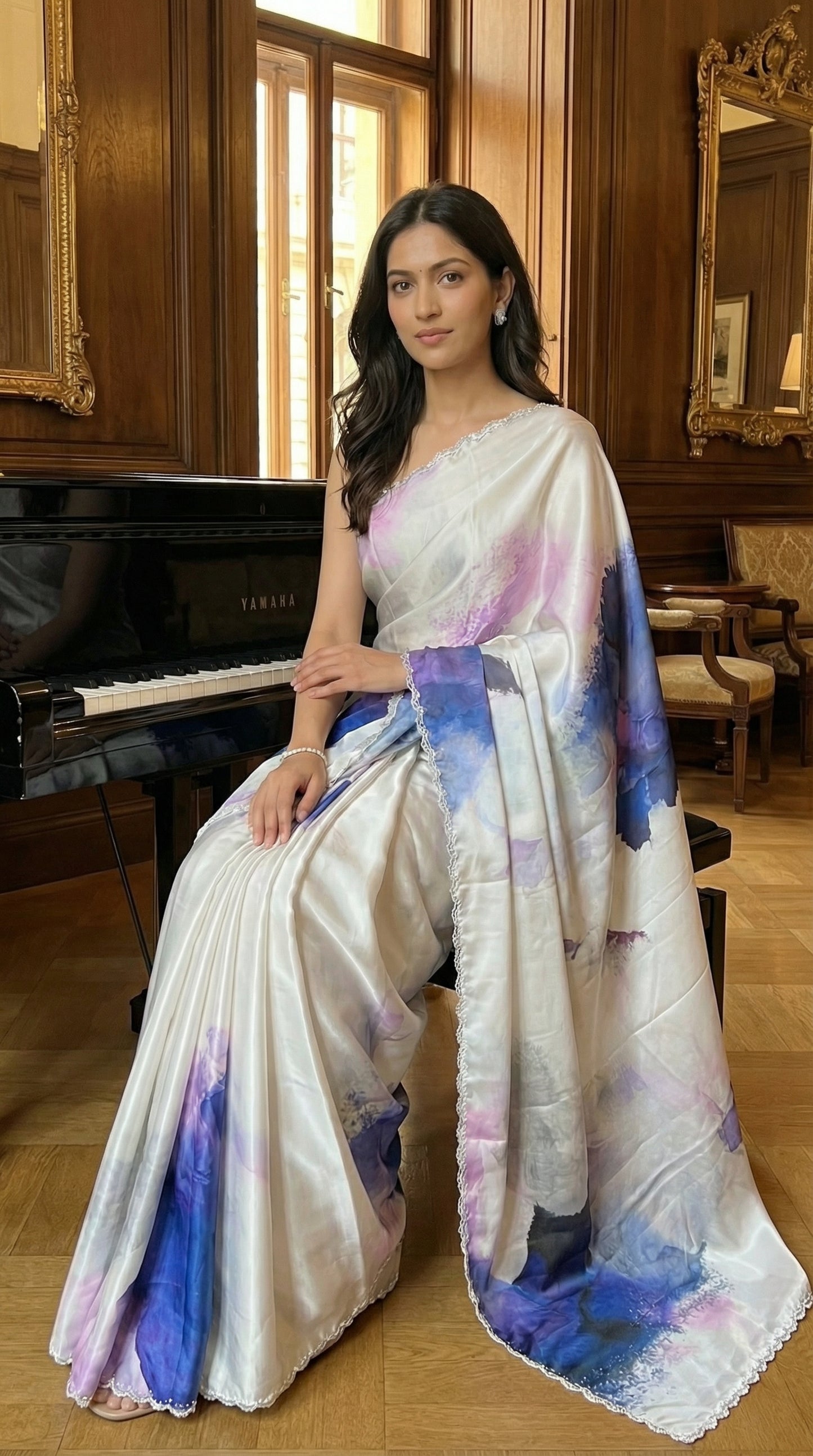 White satin georgette saree with abstract blue brushstroke print and scalloped border, sitting in a room with wooden floors and mirrors.